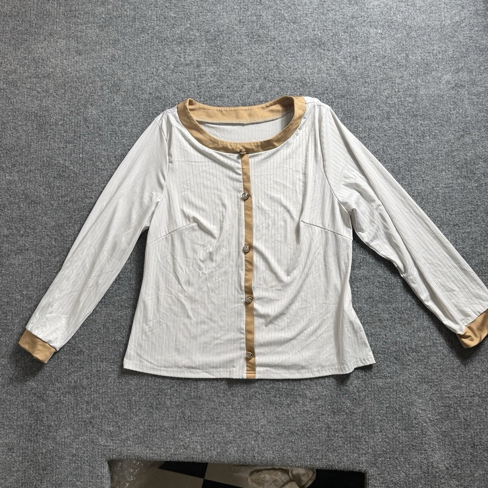 Women‎ White Ribbed Knit  Top Long Sleeve Tan Camel Trim Button Front 4X